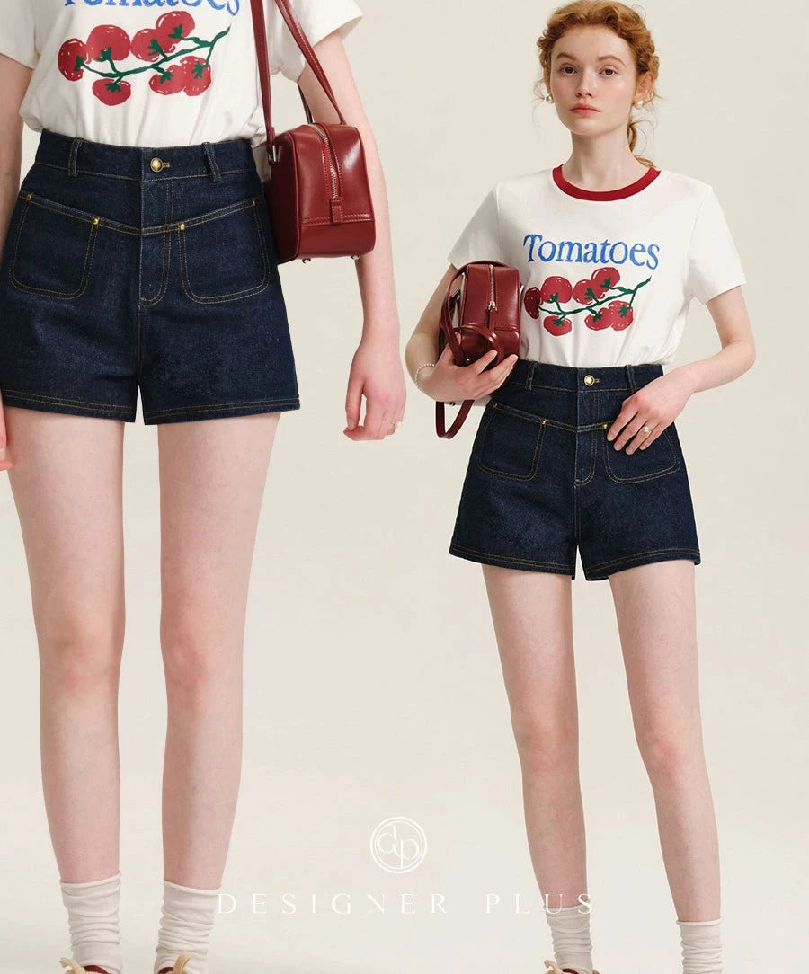 High-Waisted Retro Denim Hot Pants Contrast Stitch & Patch Pocket