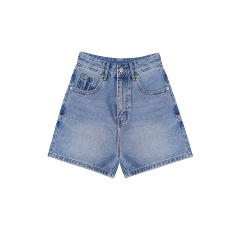 High-Waisted Retro Denim Hot Pants Contrast Stitch & Patch Pocket