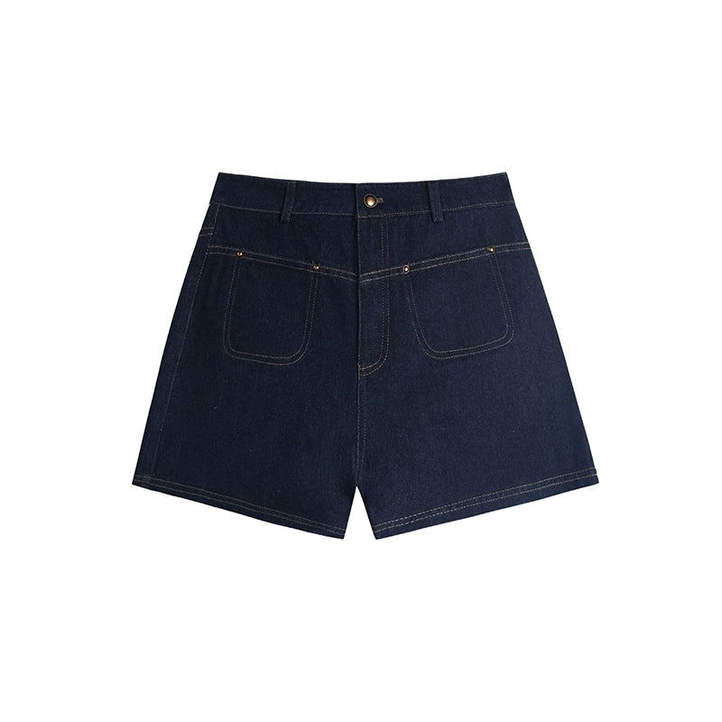 High-Waisted Retro Denim Hot Pants Contrast Stitch & Patch Pocket