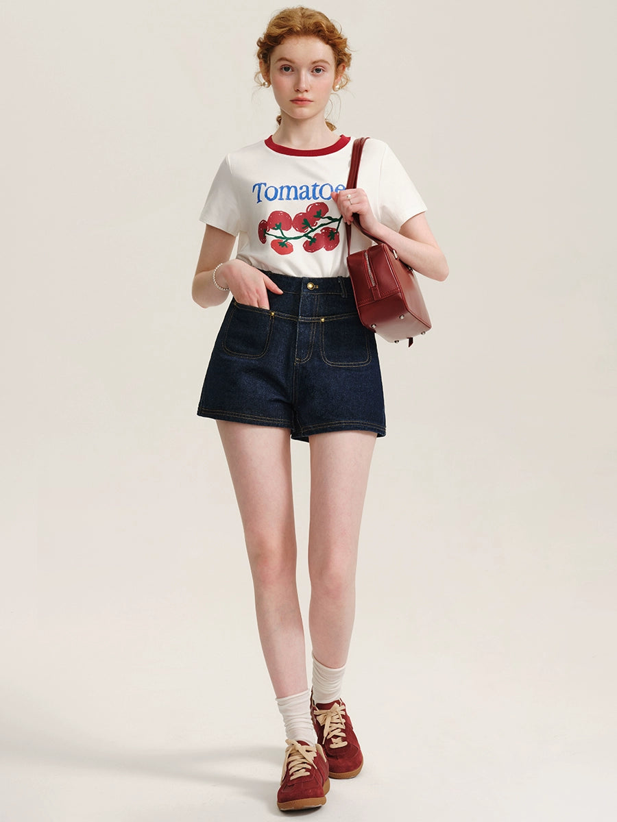 High-Waisted Retro Denim Hot Pants Contrast Stitch & Patch Pocket