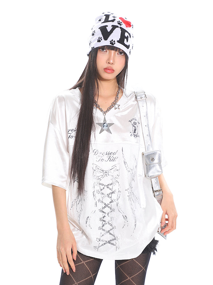Women's Lace Print Panel Satin Short Sleeve T-Shirt