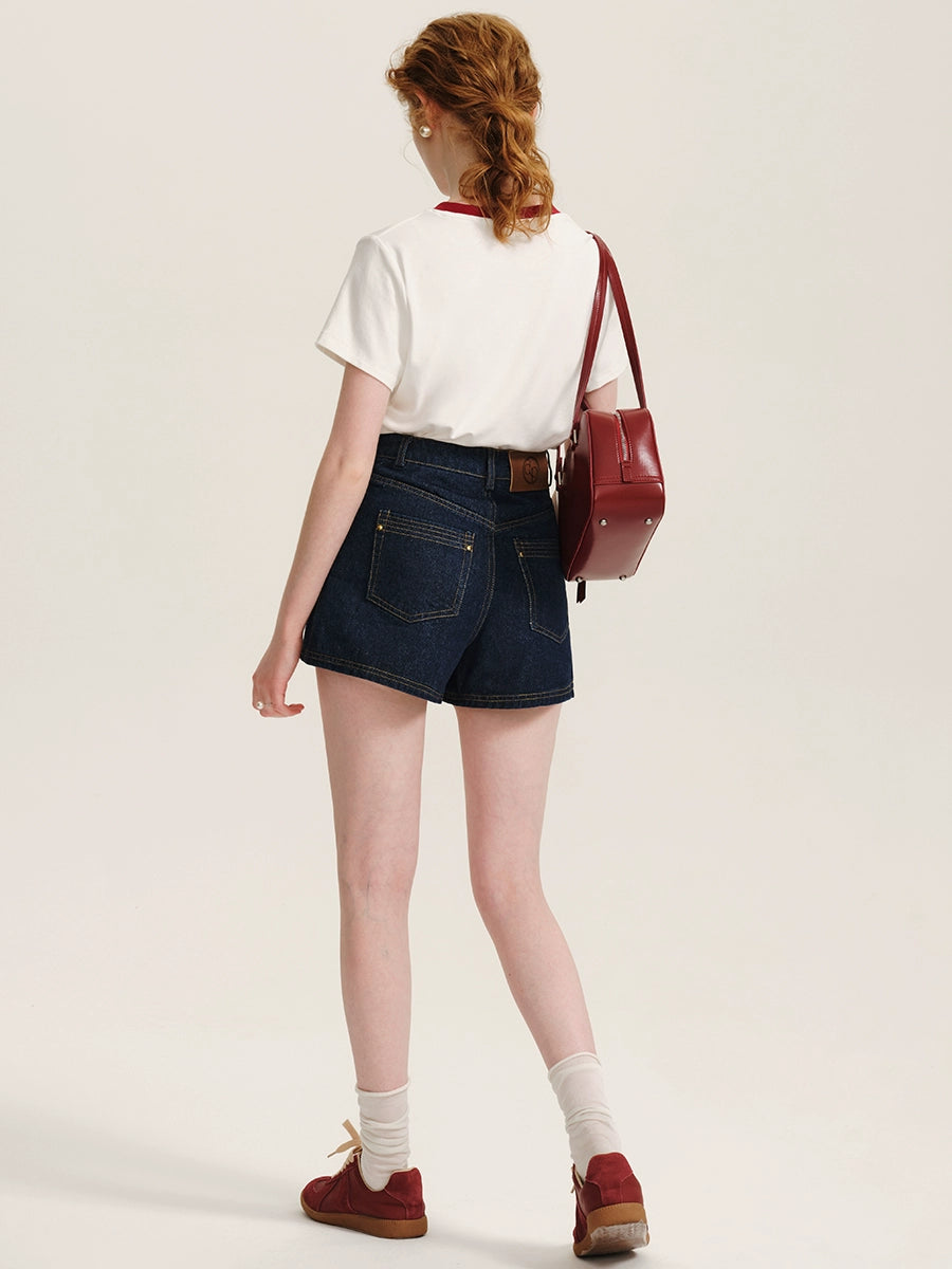 High-Waisted Retro Denim Hot Pants Contrast Stitch & Patch Pocket