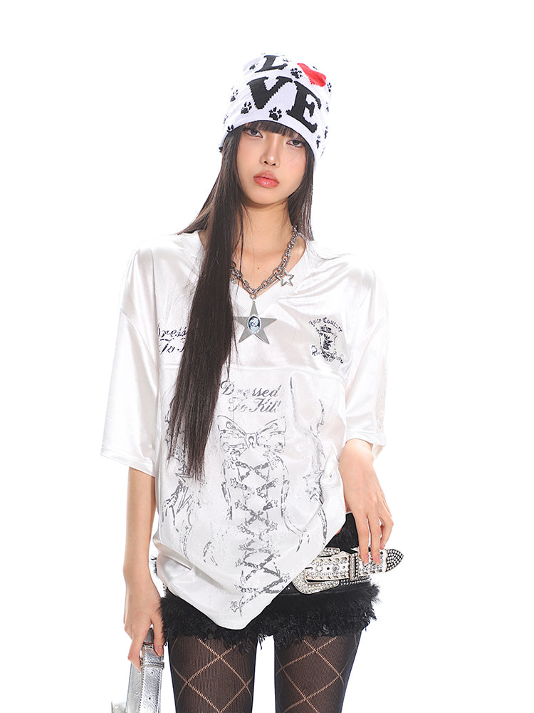 Women's Lace Print Panel Satin Short Sleeve T-Shirt