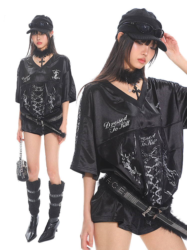 Women's Lace Print Panel Satin Short Sleeve T-Shirt