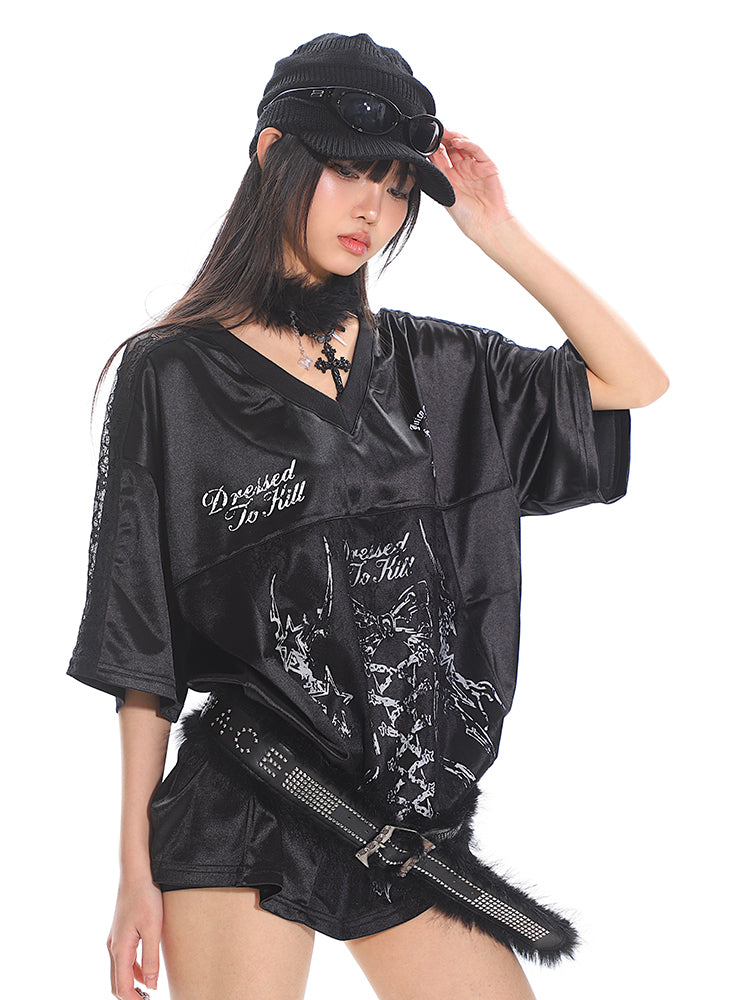 Women's Lace Print Panel Satin Short Sleeve T-Shirt