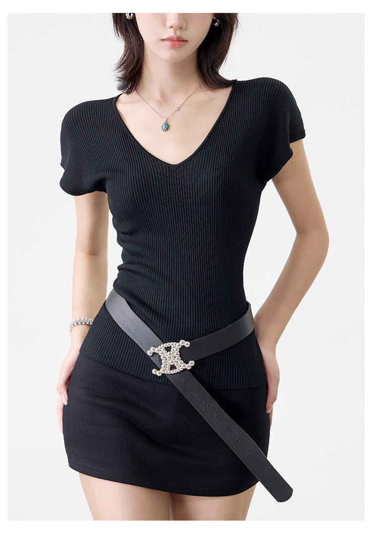 Women's Summer Slim V-Neck T-Shirt Versatile Solid Color Short Sleeve Top