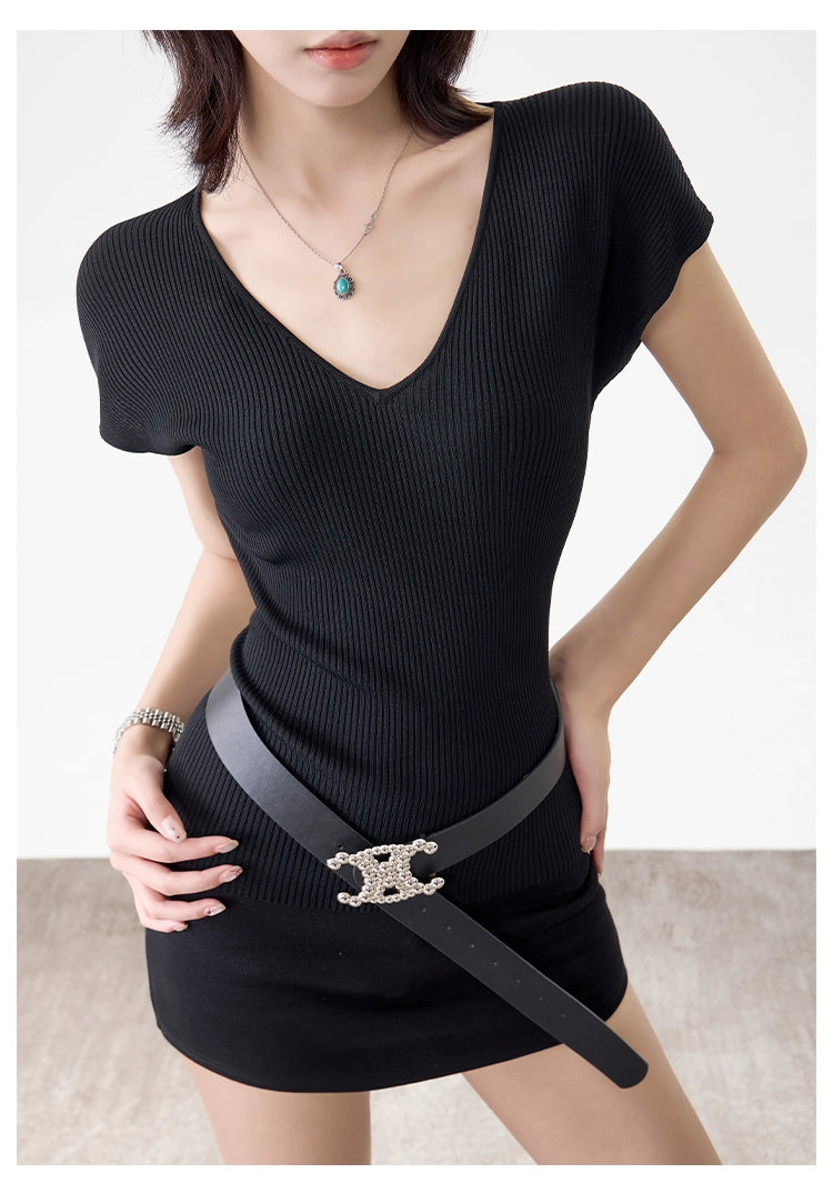 Women's Summer Slim V-Neck T-Shirt Versatile Solid Color Short Sleeve Top