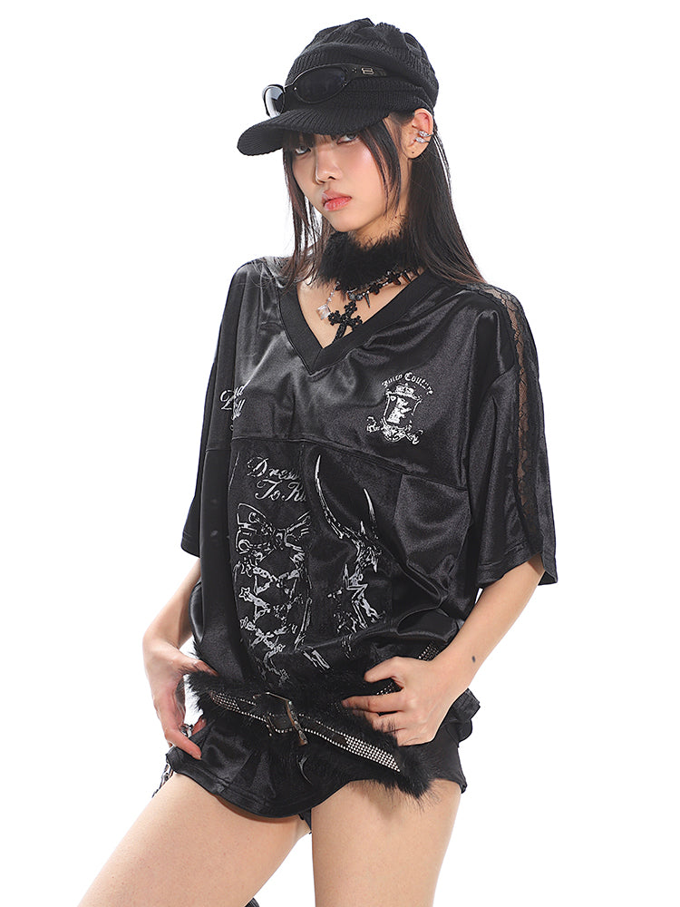Women's Lace Print Panel Satin Short Sleeve T-Shirt
