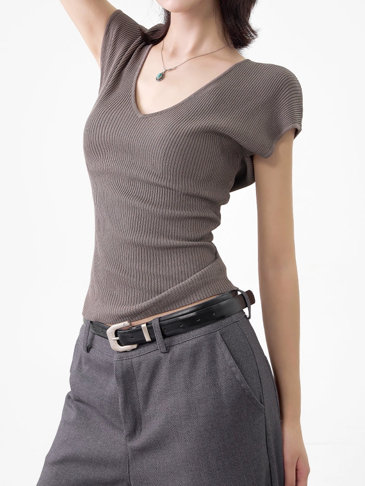 Women's Summer Slim V-Neck T-Shirt Versatile Solid Color Short Sleeve Top