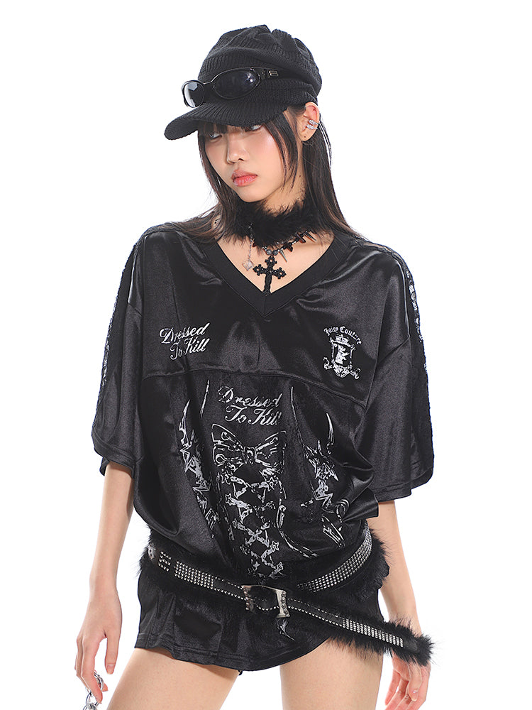 Women's Lace Print Panel Satin Short Sleeve T-Shirt