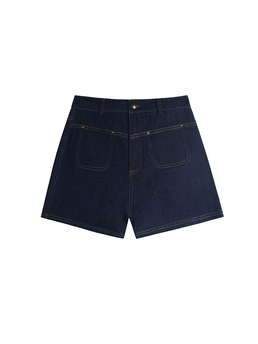 High-Waisted Retro Denim Hot Pants Contrast Stitch & Patch Pocket