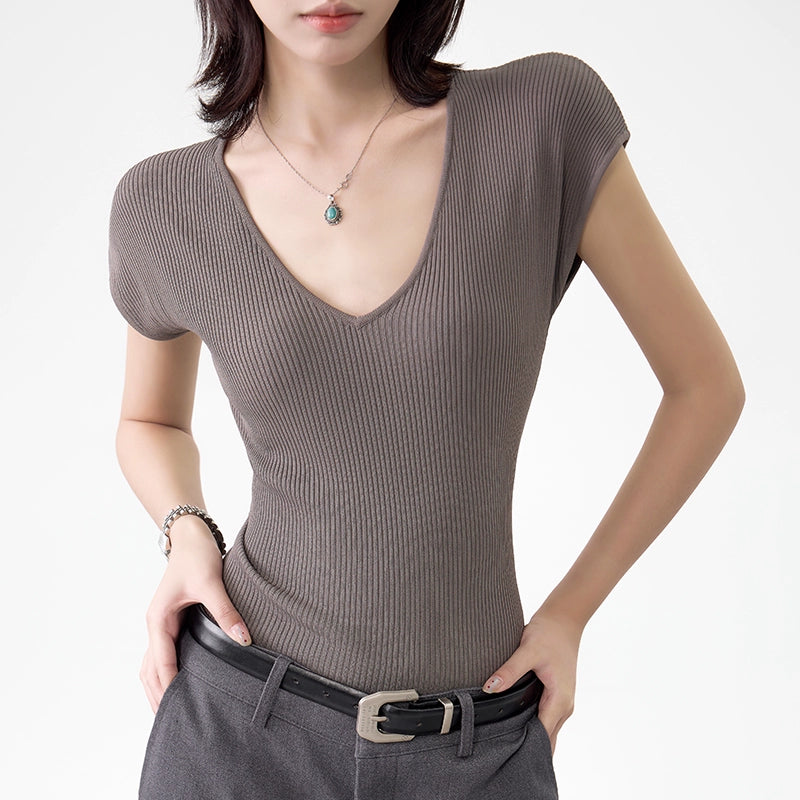 Women's Summer Slim V-Neck T-Shirt Versatile Solid Color Short Sleeve Top