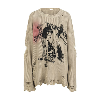 Retro Anime Print Sweet Cool Loose Hole Thin Sweater