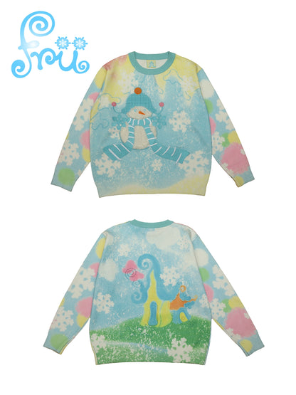 Snow Farm Winter original cute loose snowman blue knitted sweater