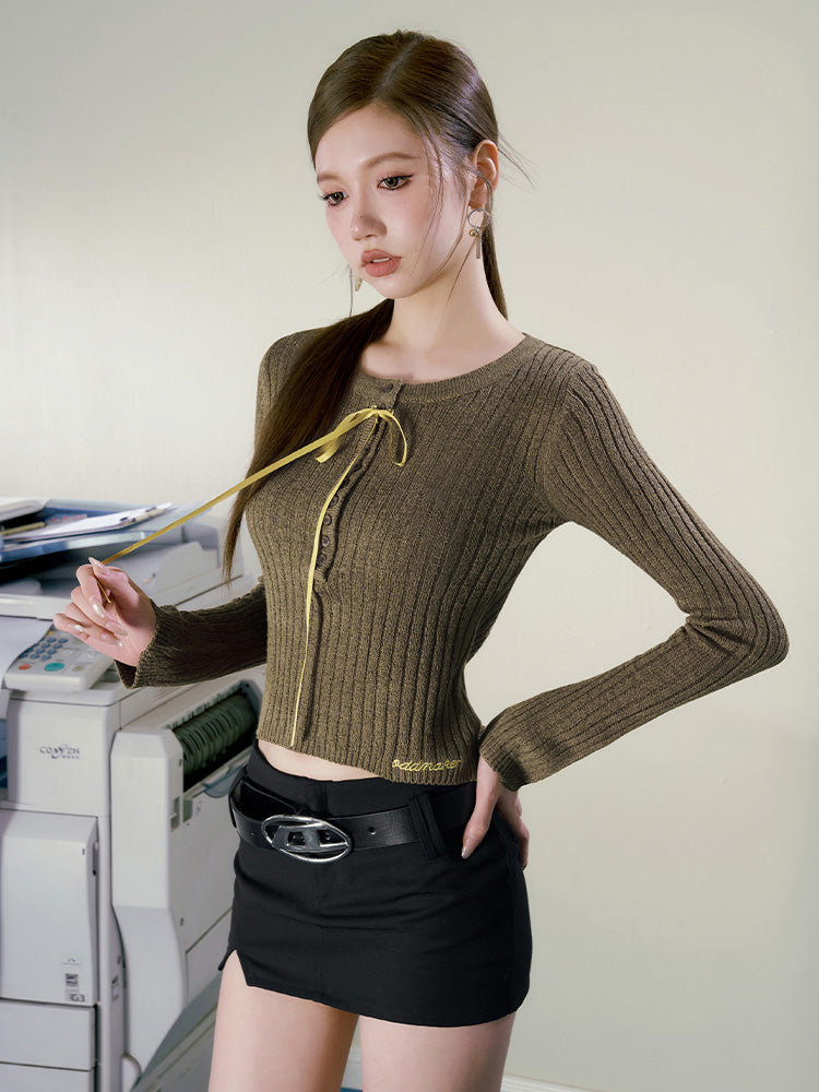 Top Contrast Maillard Wear Strappy Cropped Knit Sweater