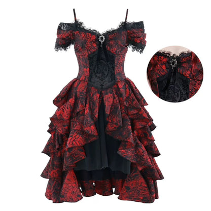 Hades Feast Gothic Halloween Black and Red Jacquard One-Shoulder Court Wave Dress