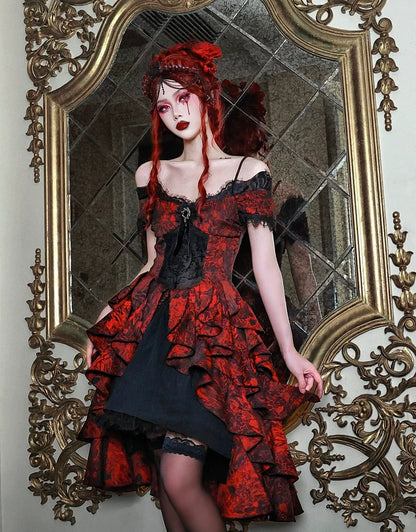 Hades Feast Gothic Halloween Black and Red Jacquard One-Shoulder Court Wave Dress