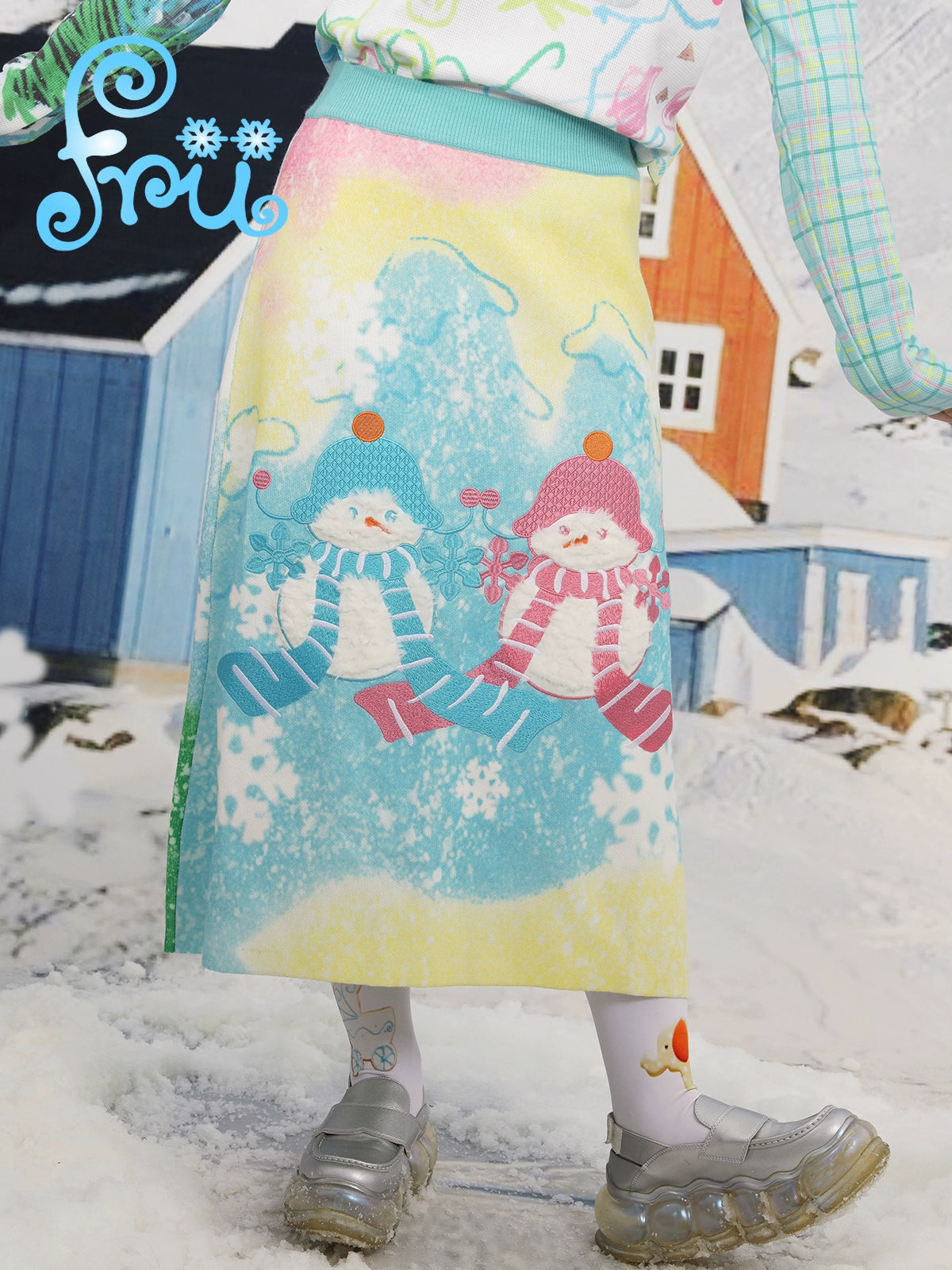 frufru Gollum shop Winter woolen knit snowman cute blue loose A-line skirt skirt