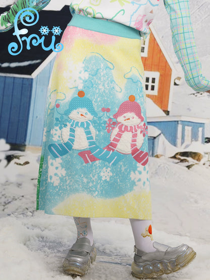 frufru Gollum shop Winter woolen knit snowman cute blue loose A-line skirt skirt