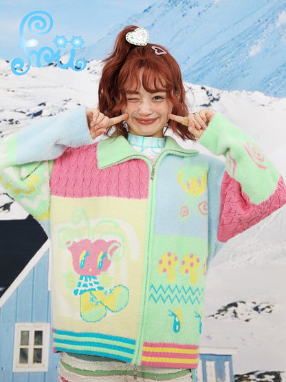 frufru Gollum Shop Snow Farm Original Cute Color-Blocked Versatile Cardigan Sweater Jacket Winter Girl