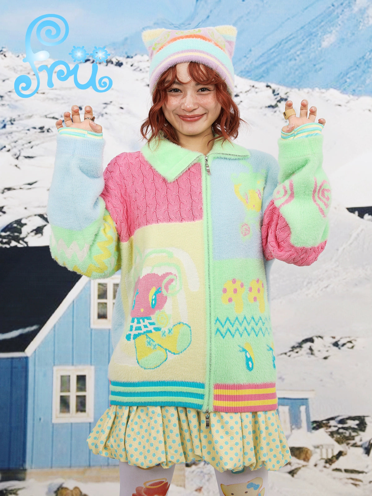 frufru Gollum Shop Snow Farm Original Cute Color-Blocked Versatile Cardigan Sweater Jacket Winter Girl