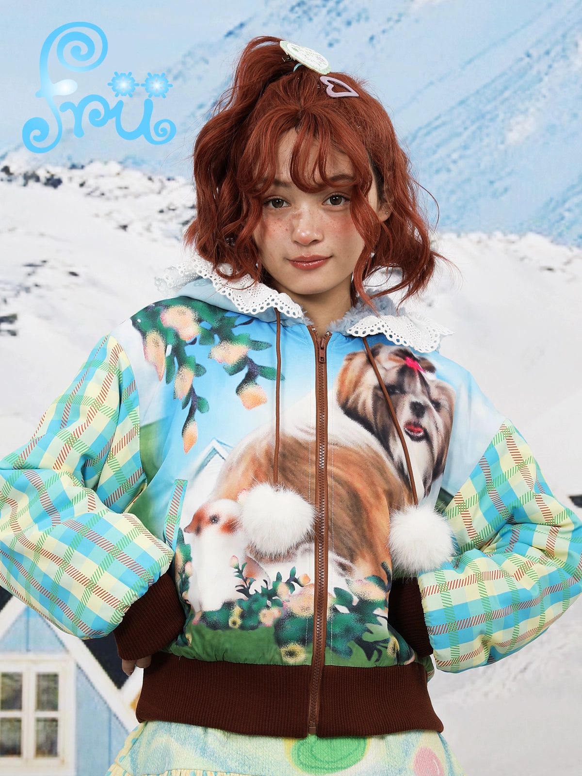 Snow Farm Original Cute Puppy Print Versatile Cropped Cotton Jacket Winter Girl