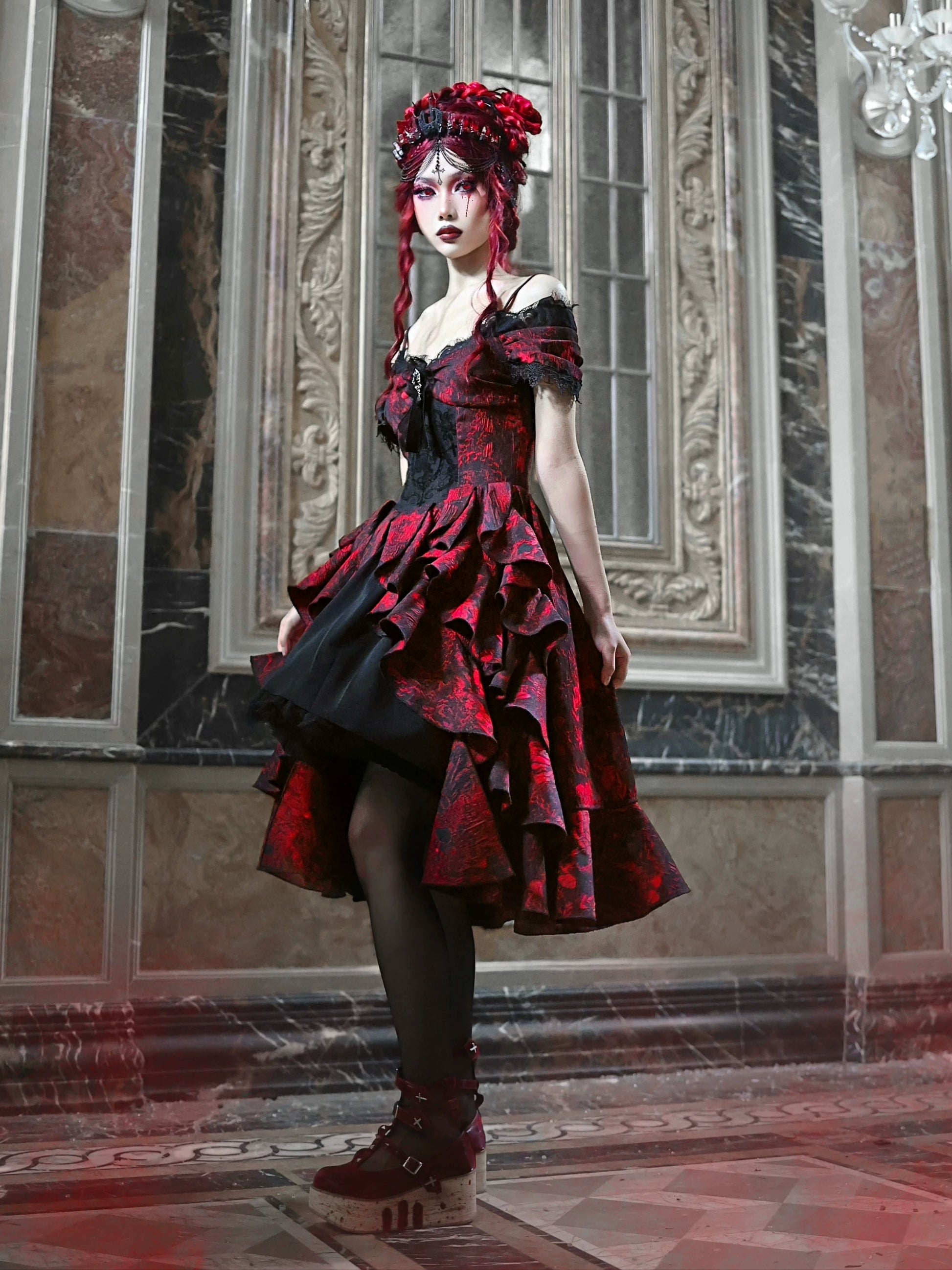 Hades Feast Gothic Halloween Black and Red Jacquard One-Shoulder Court Wave Dress