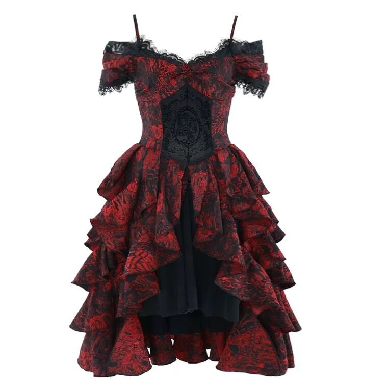 Hades Feast Gothic Halloween Black and Red Jacquard One-Shoulder Court Wave Dress