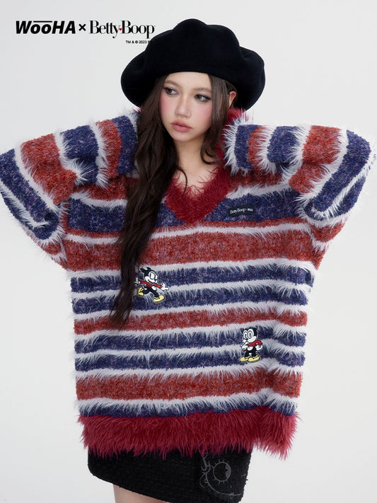 [Betty co-branded] WooHa 2023 Winter New Vintage Sweet and Spicy Striped Loose V-Neck Sweater Women