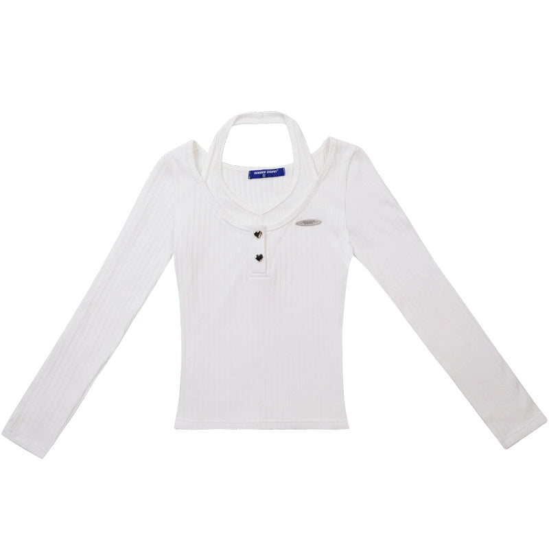 White halter collarbone top knitted bottoming shirt