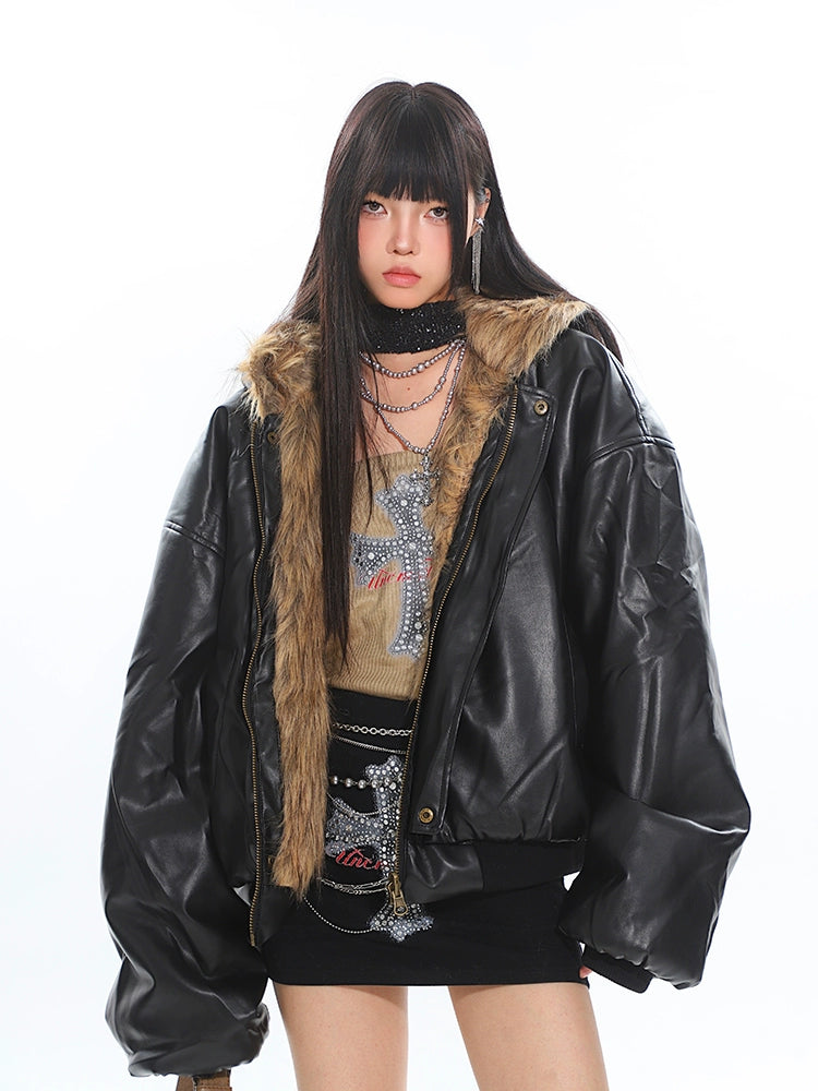 Reversible Fur Hooded Thick Leather Jacket