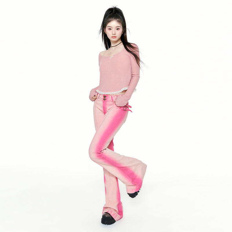 Slim sweet spicy mopping pants heavy industry pink flared jeans