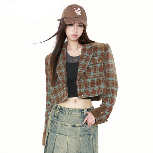 Women's Group Style Short Check Tweed Right Angle Shoulder Jacket