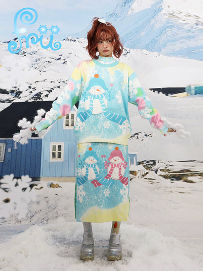 frufru Gollum Shop Snow Farm Winter original cute loose snowman blue knitted sweater