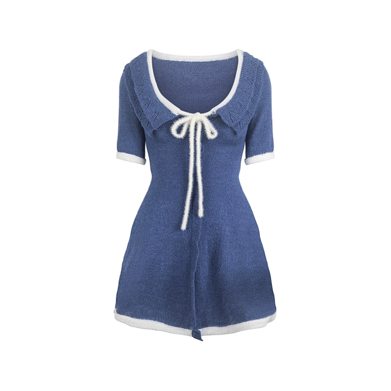 Vintage small lapel gentle pure off-the-shoulder blue knit dress