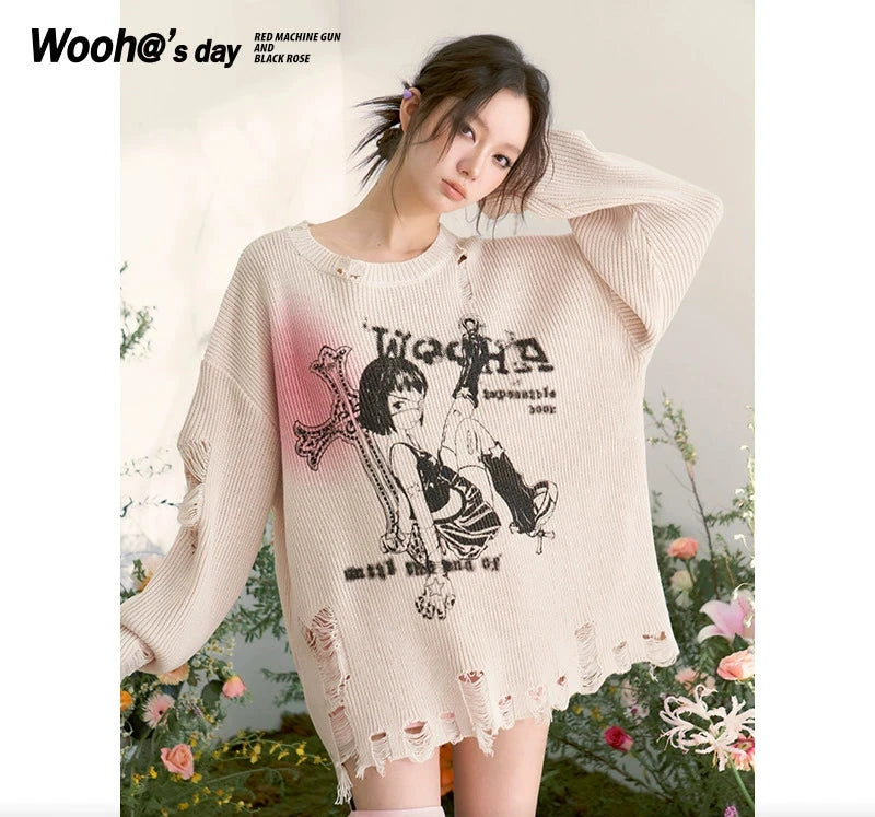 Retro Anime Print Sweet Cool Loose Hole Thin Sweater