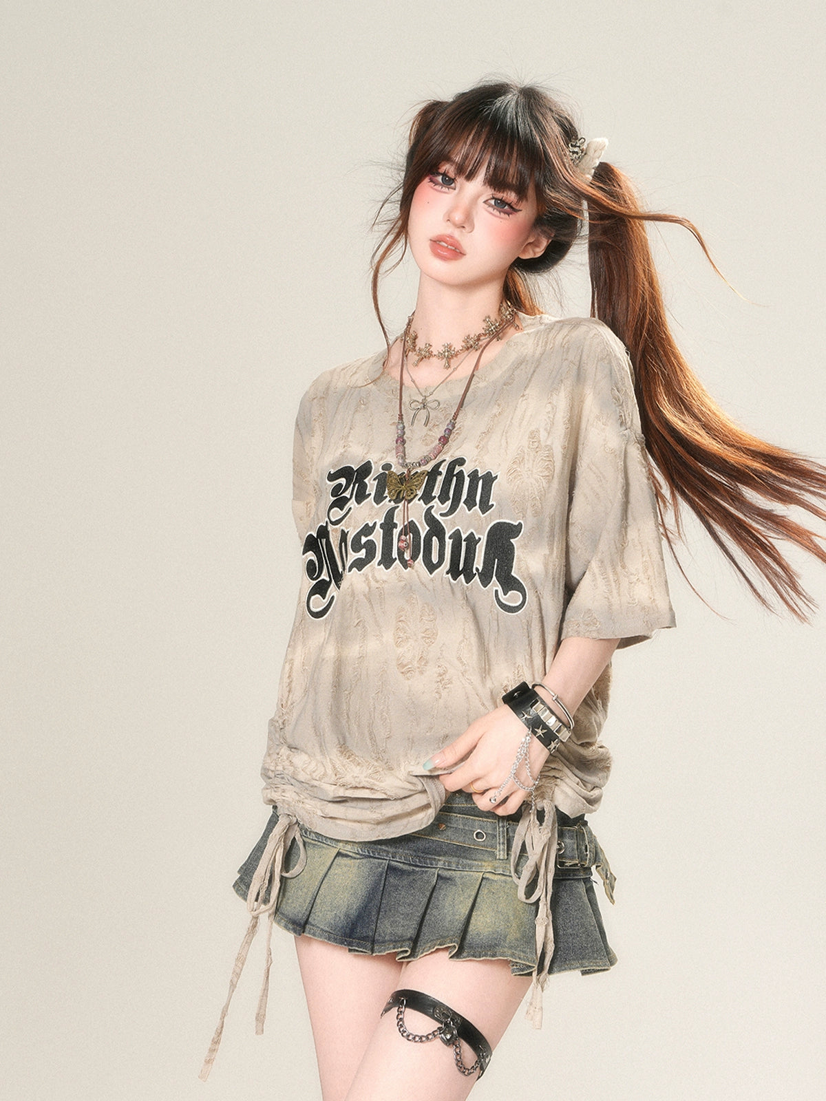 Korean Style Sunset Drawstring Short Sleeve T-Shirt  Women's Loose Fit Summer Top