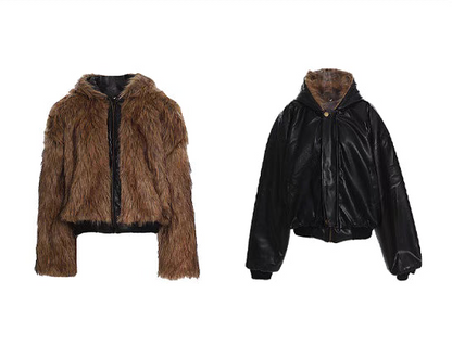 Reversible Fur Hooded Thick Leather Jacket