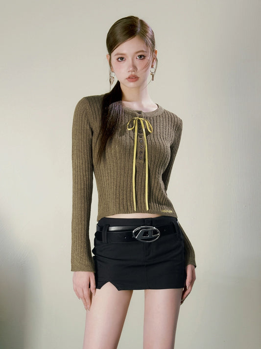 Top Contrast Maillard Wear Strappy Cropped Knit Sweater