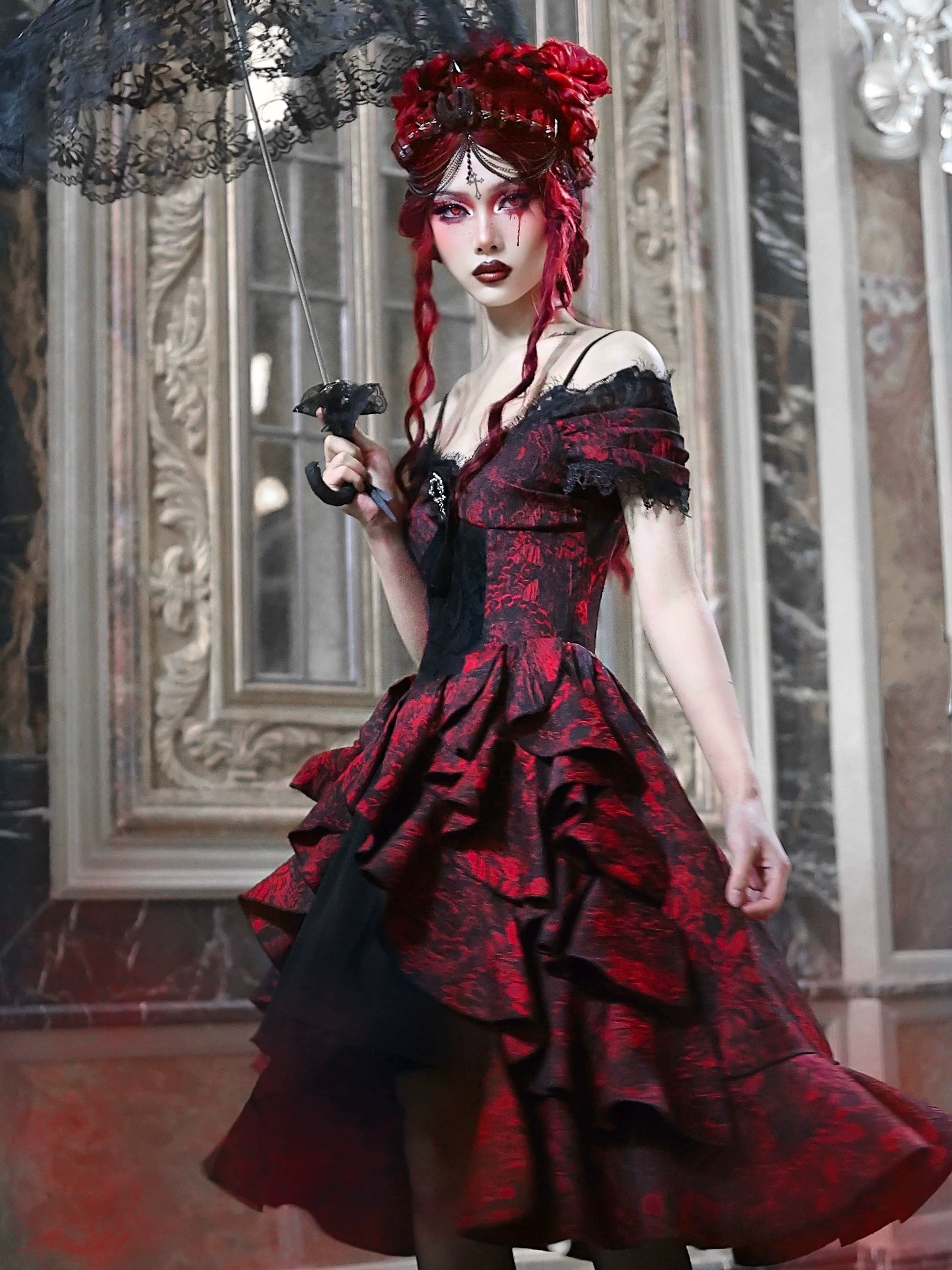 Hades Feast Gothic Halloween Black and Red Jacquard One-Shoulder Court Wave Dress