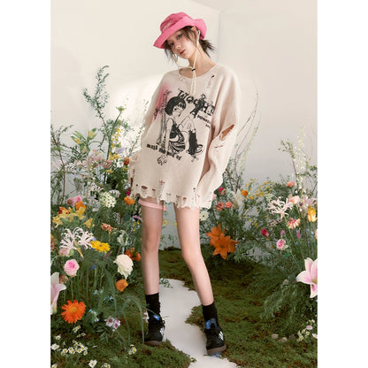 Retro Anime Print Sweet Cool Loose Hole Thin Sweater