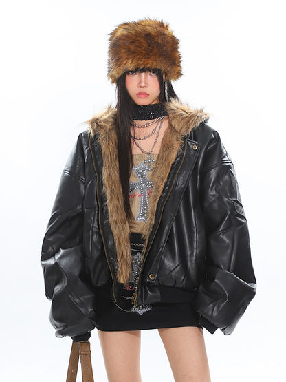 Reversible Fur Hooded Thick Leather Jacket