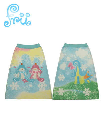 Winter woolen knit snowman cute blue loose A-line skirt skirt