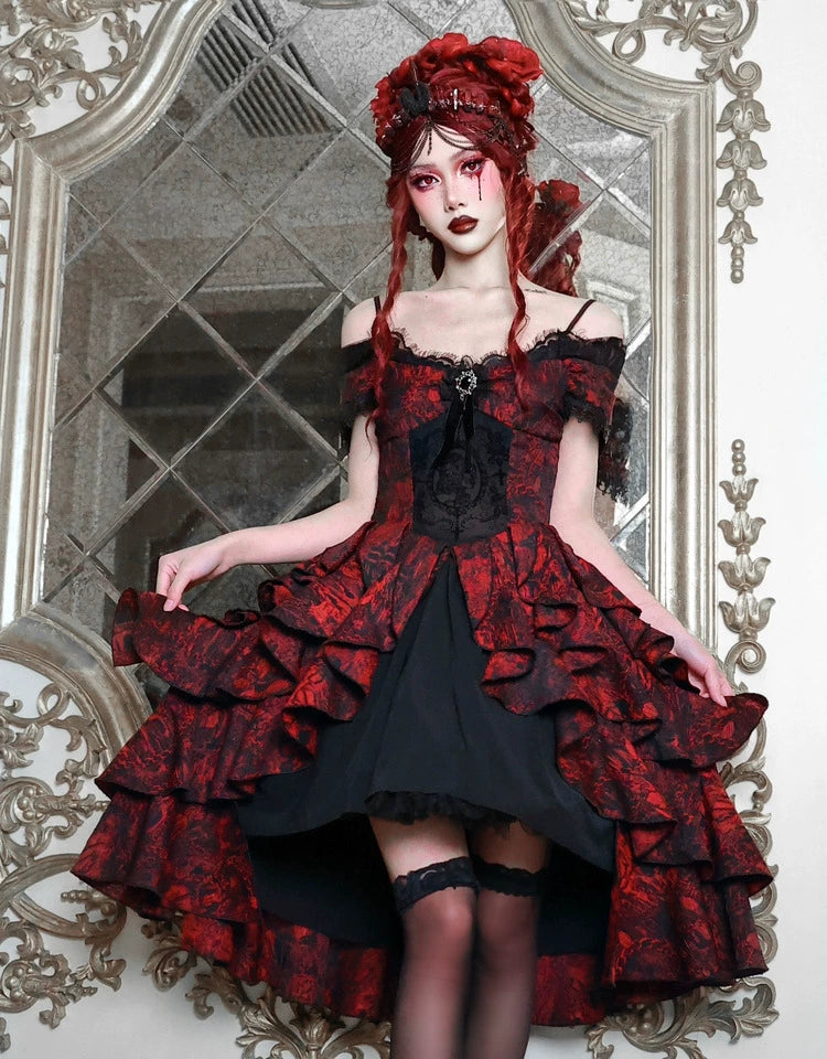 Hades Feast Gothic Halloween Black and Red Jacquard One-Shoulder Court Wave Dress