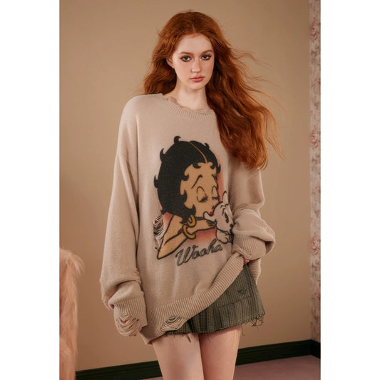 Betty co-branded new knitwear spray print loose soft glutinous hole outside sweater