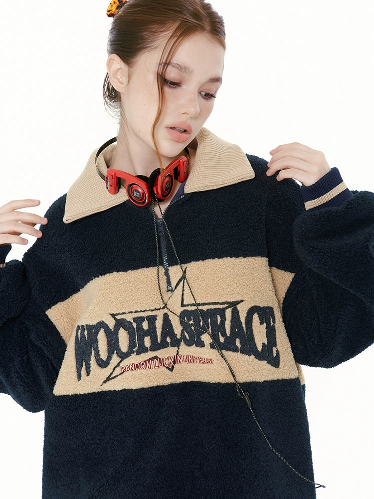 American retro campus loose imitation lamb wool pullover lapel jacket