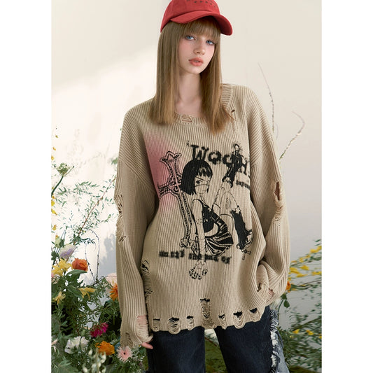 Retro Anime Print Sweet Cool Loose Hole Thin Sweater