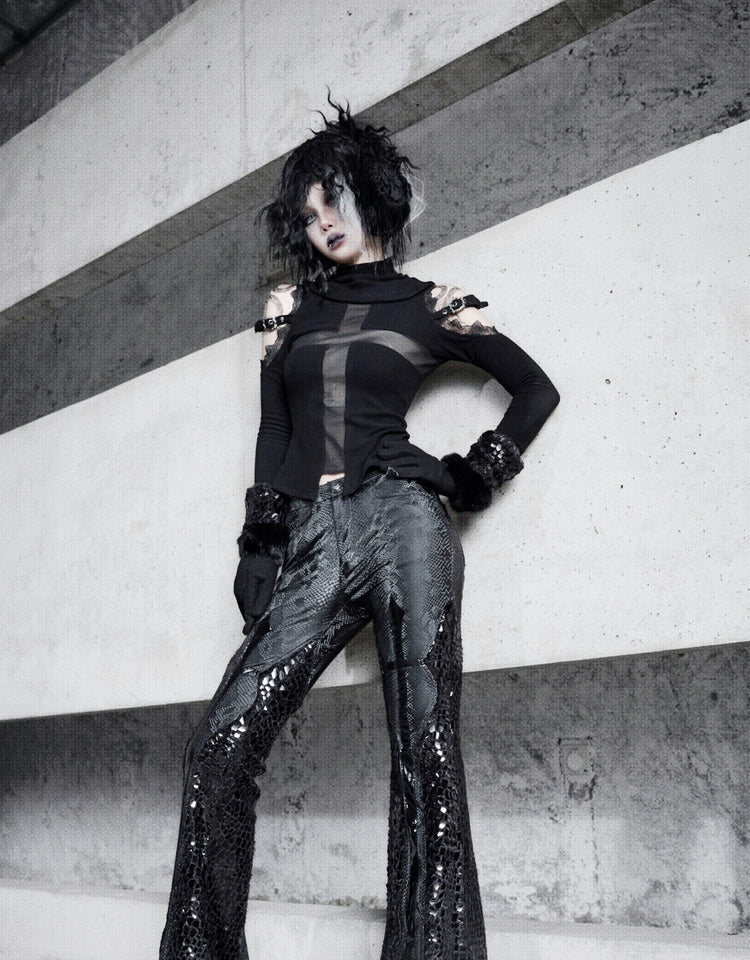 Shadow of the Snake Pupil Patent leather gothic slim thickened low-waisted thin flared trousers