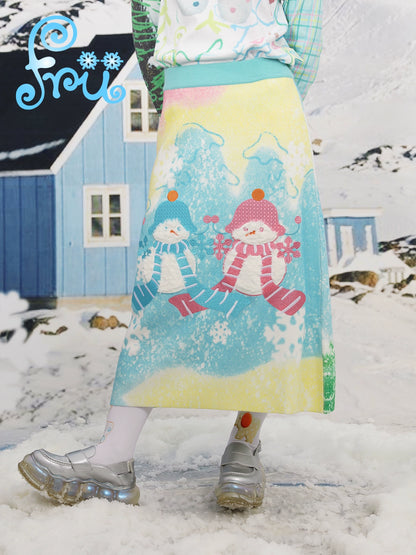 frufru Gollum shop Winter woolen knit snowman cute blue loose A-line skirt skirt