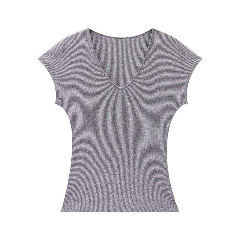Women's Summer Slim V-Neck T-Shirt  Versatile Solid Color Short Sleeve Top